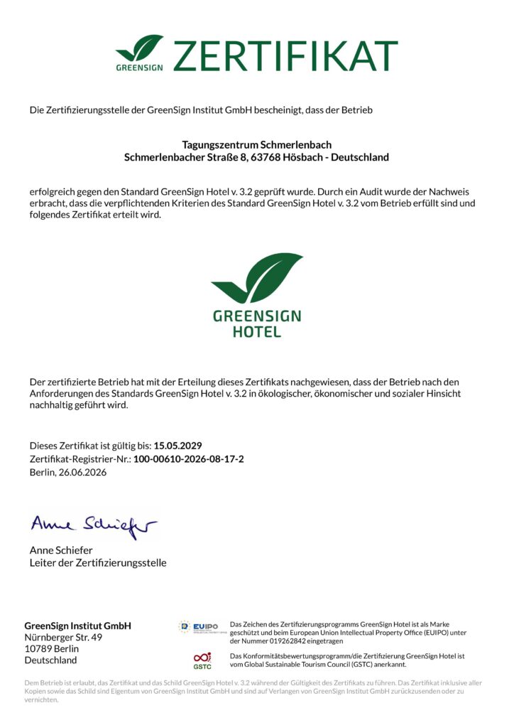 GreenSign Certificate Tagungszentrum Schmerlenbach